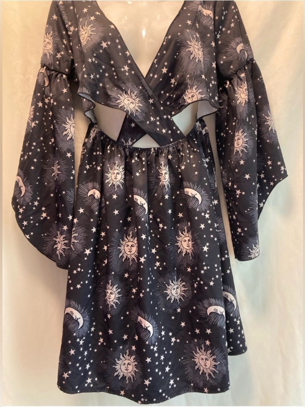 Romwe Celestial Sun Moon Star Cutout Mini Dress Bell Sleeve Size S